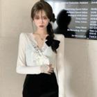 Long-sleeve V-neck Lace Trim Top / Velvet Mini Pencil Skirt