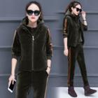 Set: Contrast-trim Half-zip Velvet Hoodie + Zip Vest + Sweatpants