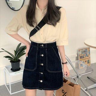 Pocket Detail Elbow-sleeve Shirt / Denim Mini A-line Skirt