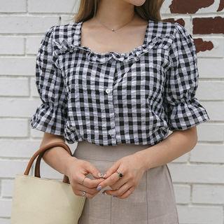Grill-trim Gingham Blouse