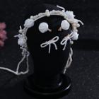 Set: Rose Fabric Faux Pearl Headpiece + Hair Clip White - One Size