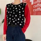 Plain Long-sleeve T-shirt / Floral Knit Tank Top
