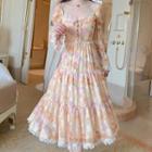 Long-sleeve Square-neck Lace Flower Trim Print Dress
