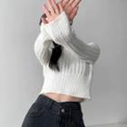 Padded-shoulder Cropped Rib-knit Top