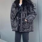 V-neck Argyle Pocket Padded Coat Black - One Size