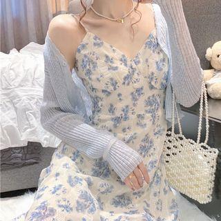 Set Of 2: Plain Cardigan + Floral Print Mini Dress