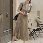 Short-sleeve Open-collar Accordion-pleat A-line Midi Dress