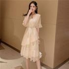Elbow-sleeve Frill Trim Star Patterned A-line Dress