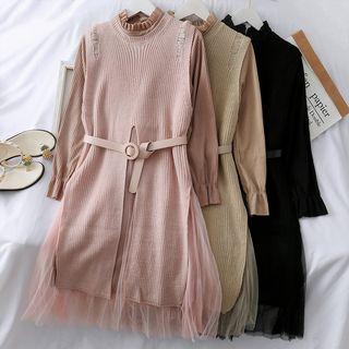 Set: Patchwork Ruffled A-line Dress + Long Knit Vest With Sash