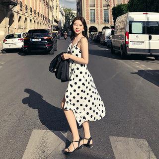 Spaghetti-strap Shirred Dotted Dress