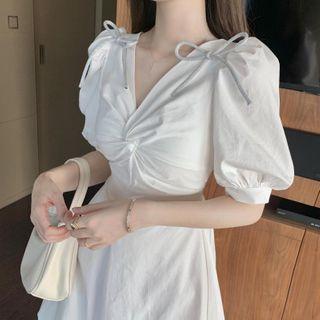 Puff-sleeve V-neck A-line Mini Dress White - One Size