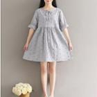 Elbow-sleeve Dotted Shirred Dress