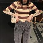 Striped Lettering Mock-neck Knit Top / Crop Skinny Jeans