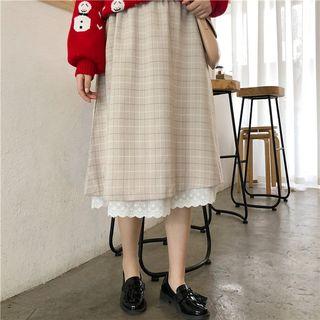 Lace-hem Gingham A-line Skirt As Shown In Figure - One Size