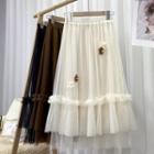 Flower Accent Mesh Midi A-line Skirt