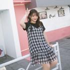 Mock Two-piece Short-sleeve Plaid A-line Dress