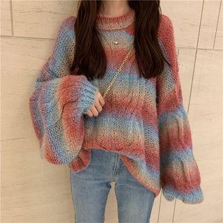 Striped Lantern-sleeve Sweater Gradient - One Size