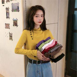 Mock Neck Button Accent Long-sleeve Plain Top