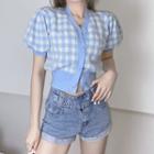 Puff-sleeve Gingham Crop Knit Top