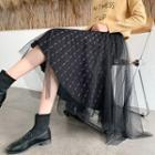 Mesh Overlay Midi A-line Knit Skirt