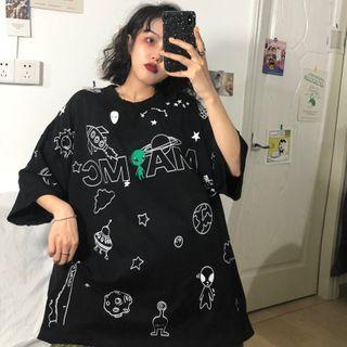 3/4-sleeve Alien Printed T-shirt