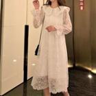 Long-sleeve Wide-collar Midi A-line Lace Dress