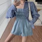 Plaid Long-sleeve Cropped Cardigan / Ruched Denim Playsuit