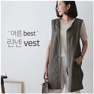 Hidden-button Linen Blend Vest