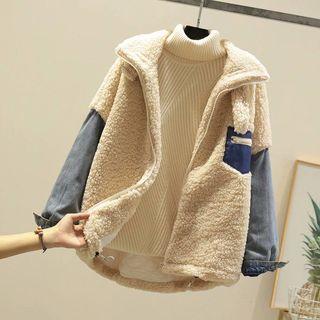Denim Panel Fleece Zip Jacket Khaki - One Size