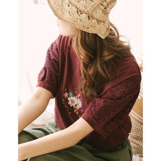 Lace-sleeve Flower Embroidery T-shirt