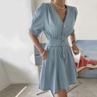 Button-up Denim Flare Dress Light Blue - One Size