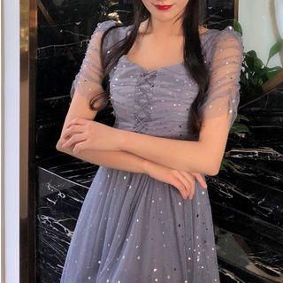 V-neck Sequined Mesh Dress