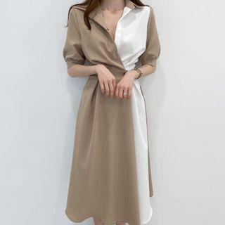 Short-sleeve Two-tone Plain Dress