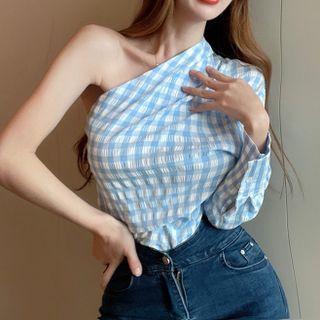 One-shoulder Plaid Blouse Blue - One Size
