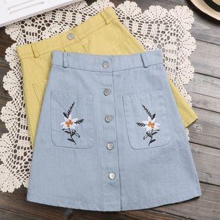 Embroidered Buttoned Mini Pencil Skirt