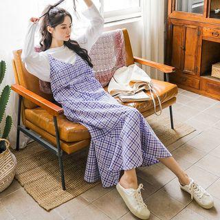 Ruffle-hem Plaid Maxi Pinafore Dress