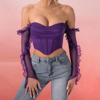 Long-sleeve Off-shoulder Ruffled Corset Top