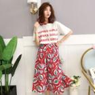 Set: Short-sleeve Lettering T-shirt + Leaf Print A-line Skirt