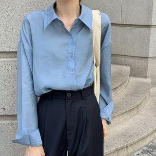 Long-sleeve Plain Shirt / Leopard Midi A-line Skirt