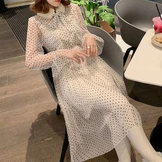 Set: Bell-sleeve Dotted Midi A-line Mesh Dress + Spaghetti Strap Dress