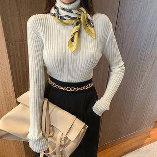 Turtleneck Fitted Ribbed Knit Top