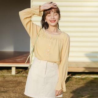 Square Neckline Plain Long-sleeve Top Yellow - One Size