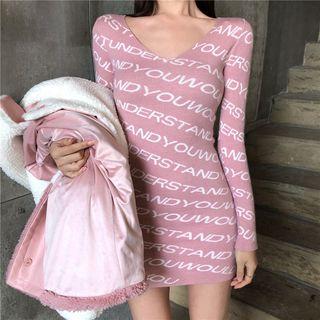 Long-sleeve Lettering Mini Knit Dress Pink - One Size