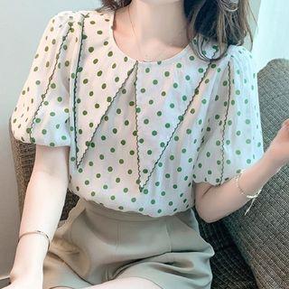 Puff-sleeve Collar Dotted Chiffon Blouse