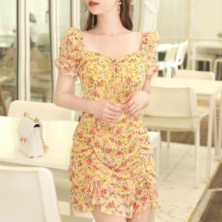 Frilled Drawstring-front Floral Chiffon Minidress Yellow - One Size