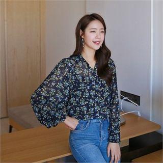 Balloon-sleeve Floral Chiffon Blouse
