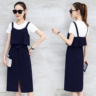 Set: Plain Short-sleeve T-shirt + Front-slit Pinafore Dress