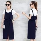 Set: Plain Short-sleeve T-shirt + Front-slit Pinafore Dress