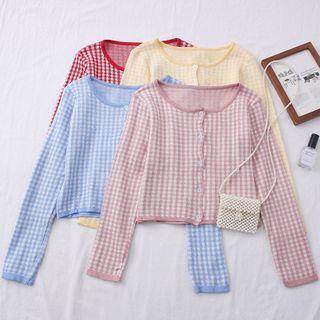 Checker Button-down Crop Knit Top