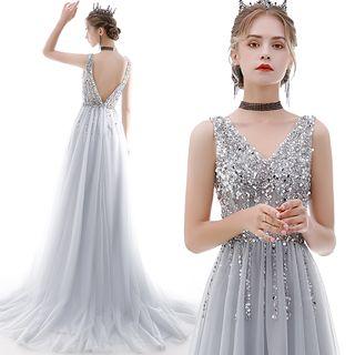 V-neck Sleeveless Sequined Panel Mesh Evening Gown
